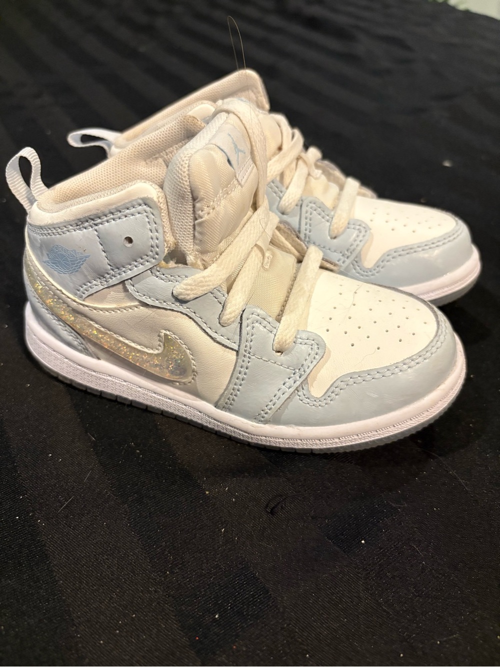 Nike Kids High-Top Sneakers in White and Light Blue with Iridescent Swoosh